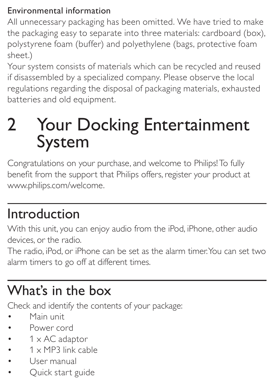 2 your docking entertainment system, Introduction, What’s in the box | Philips DC315/37 User Manual | Page 9 / 24