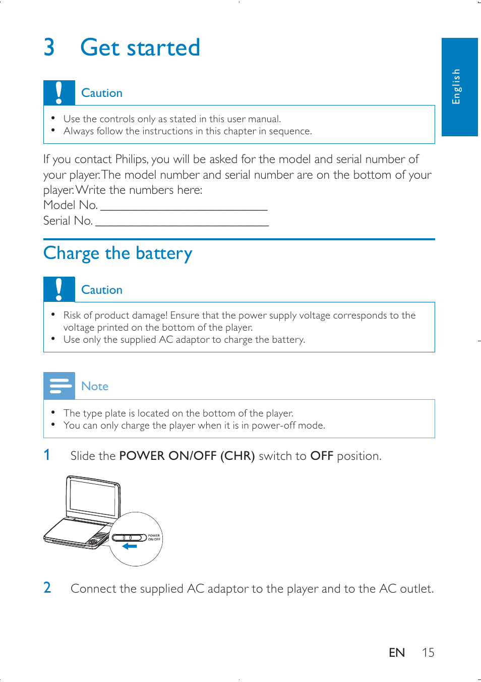 3 get started, Charge the battery | Philips PD9000/51 User Manual | Page 15 / 22