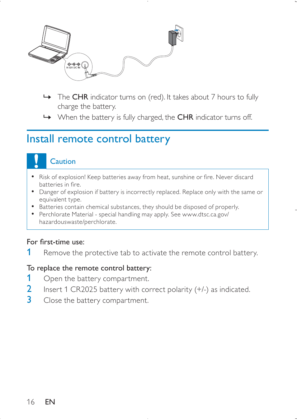 Install remote control battery | Philips PD9000/51 User Manual | Page 16 / 22