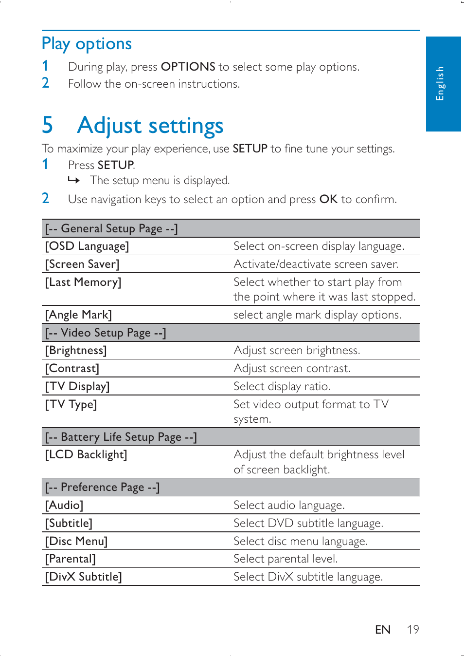 5 adjust settings, Play options | Philips PD9000/51 User Manual | Page 19 / 22