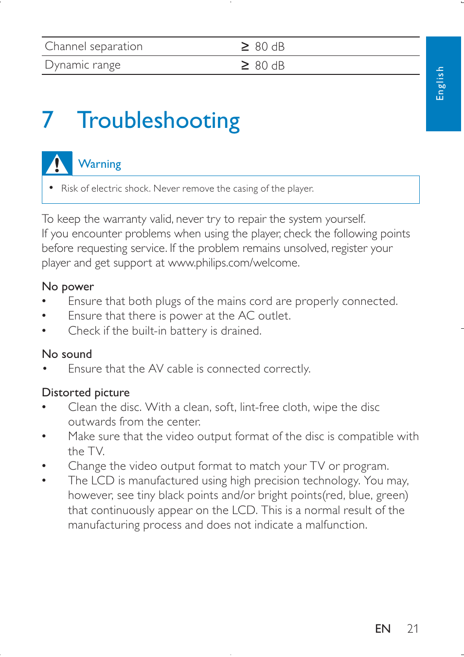 7 troubleshooting | Philips PD9000/51 User Manual | Page 21 / 22