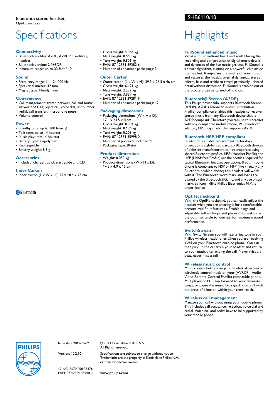 Specifications, Highlights | Philips SHB6110 User Manual | Page 2 / 2