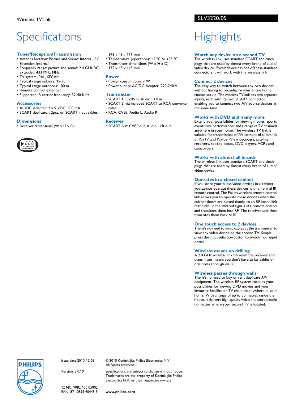 Specifications, Highlights | Philips SLV3220 User Manual | Page 2 / 2