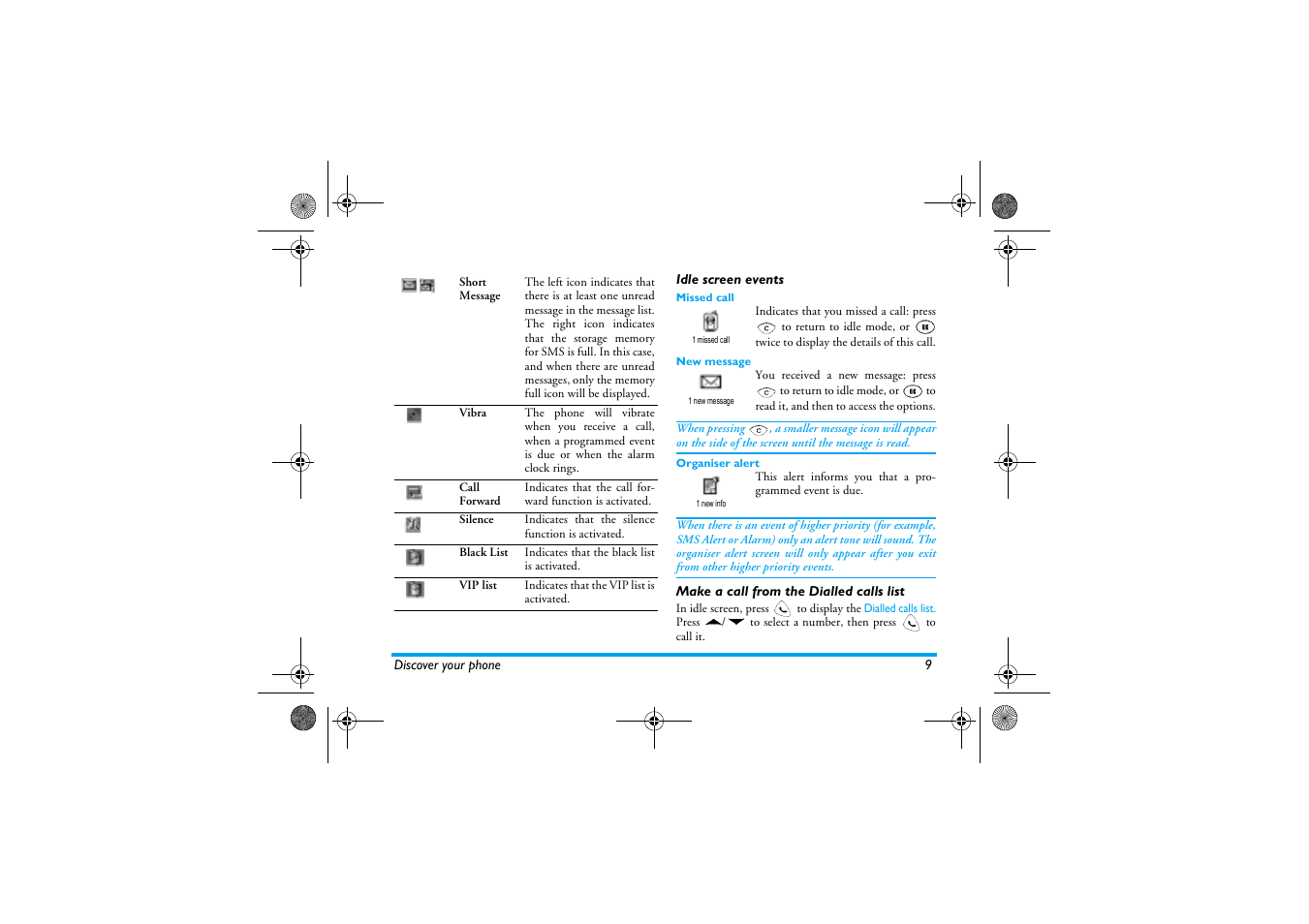 Idle screen events, Make a call from the dialled calls list | Philips 630 User Manual | Page 10 / 45