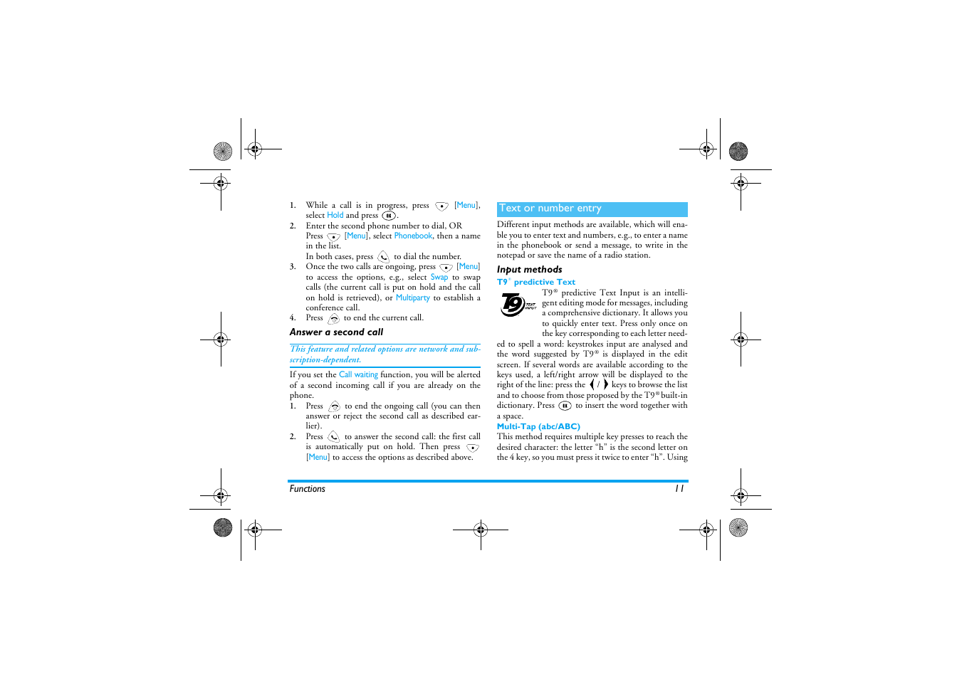 Answer a second call, Text or number entry, Input methods | Philips 630 User Manual | Page 12 / 45