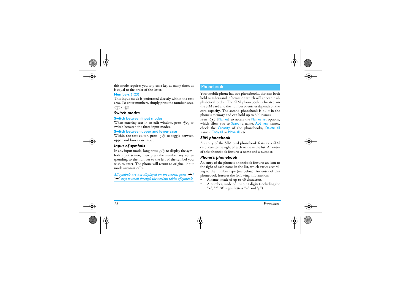 Switch modes, Input of symbols, Phonebook | Sim phonebook, Phone’s phonebook, Switch modes input of symbols, Sim phonebook phone’s phonebook | Philips 630 User Manual | Page 13 / 45