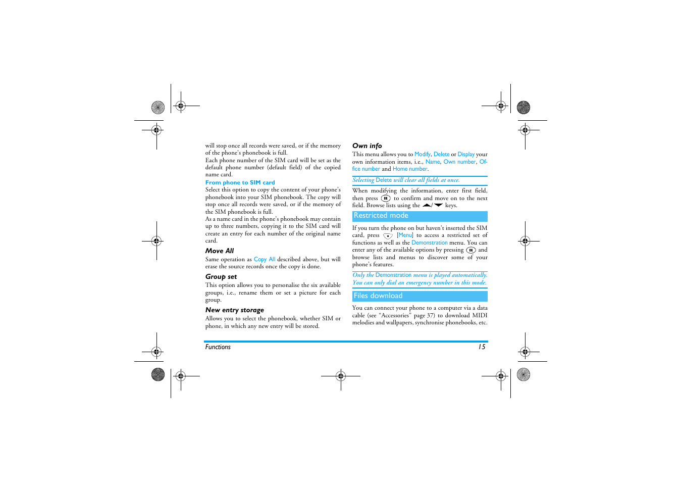 Move all, Group set, New entry storage | Own info, Restricted mode, Files download, Move all group set new entry storage own info | Philips 630 User Manual | Page 16 / 45