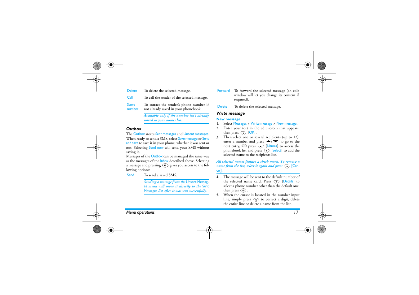 Outbox, Write message, Outbox write message | Philips 630 User Manual | Page 18 / 45