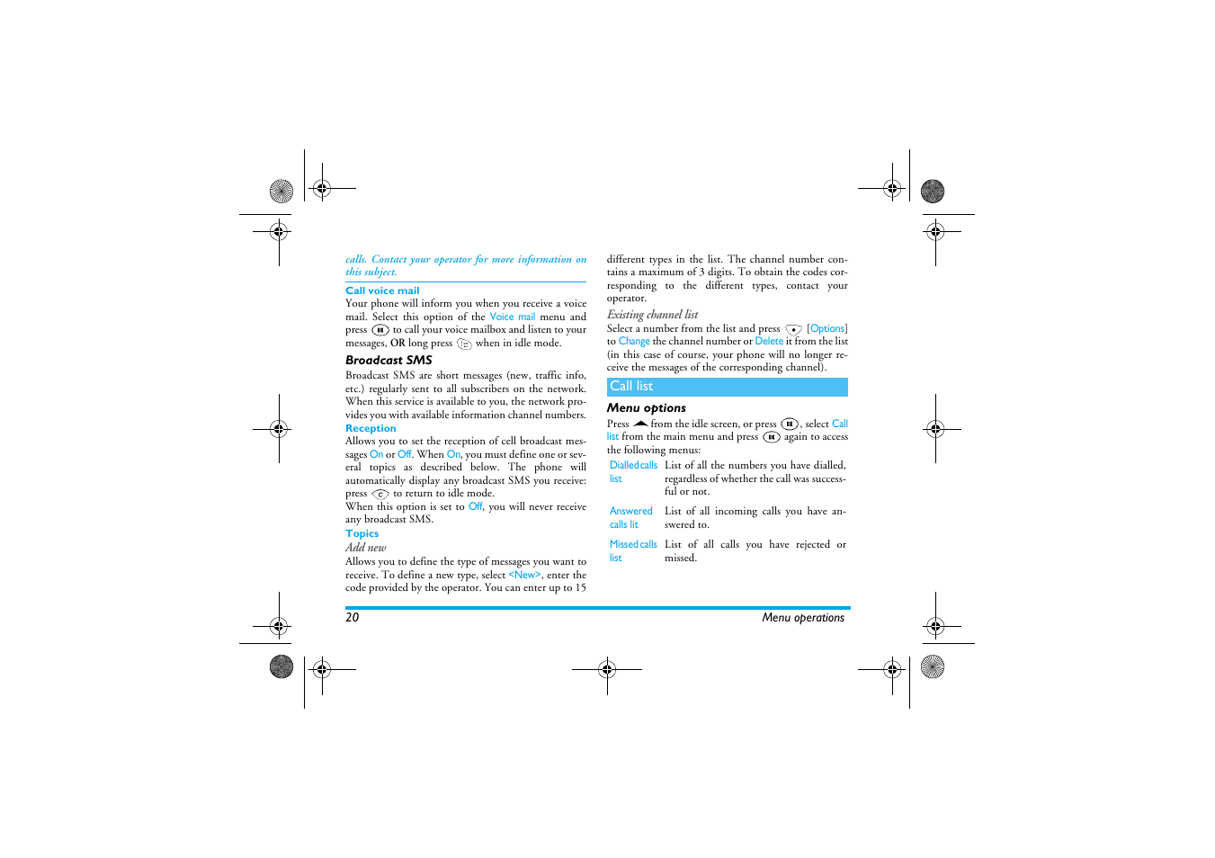 Broadcast sms, Call list, Menu options | Philips 630 User Manual | Page 21 / 45