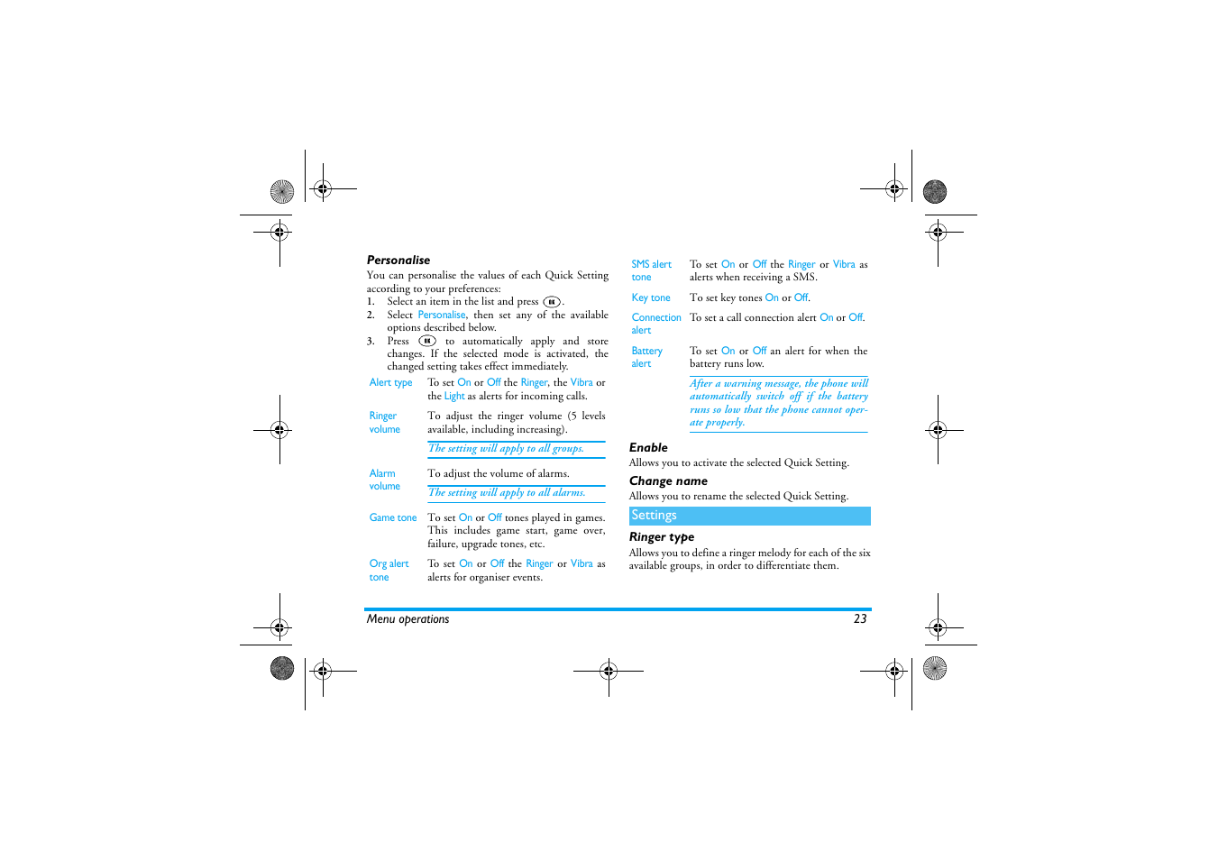 Personalise, Enable, Change name | Settings, Ringer type, Personalise enable change name | Philips 630 User Manual | Page 24 / 45