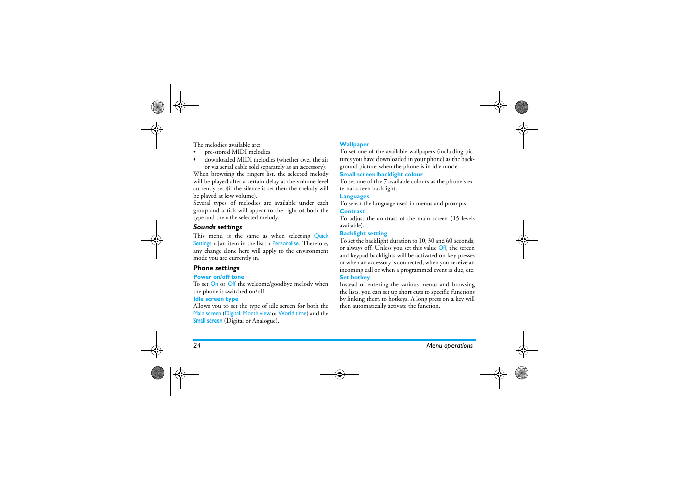 Sounds settings, Phone settings, Sounds settings phone settings | Philips 630 User Manual | Page 25 / 45