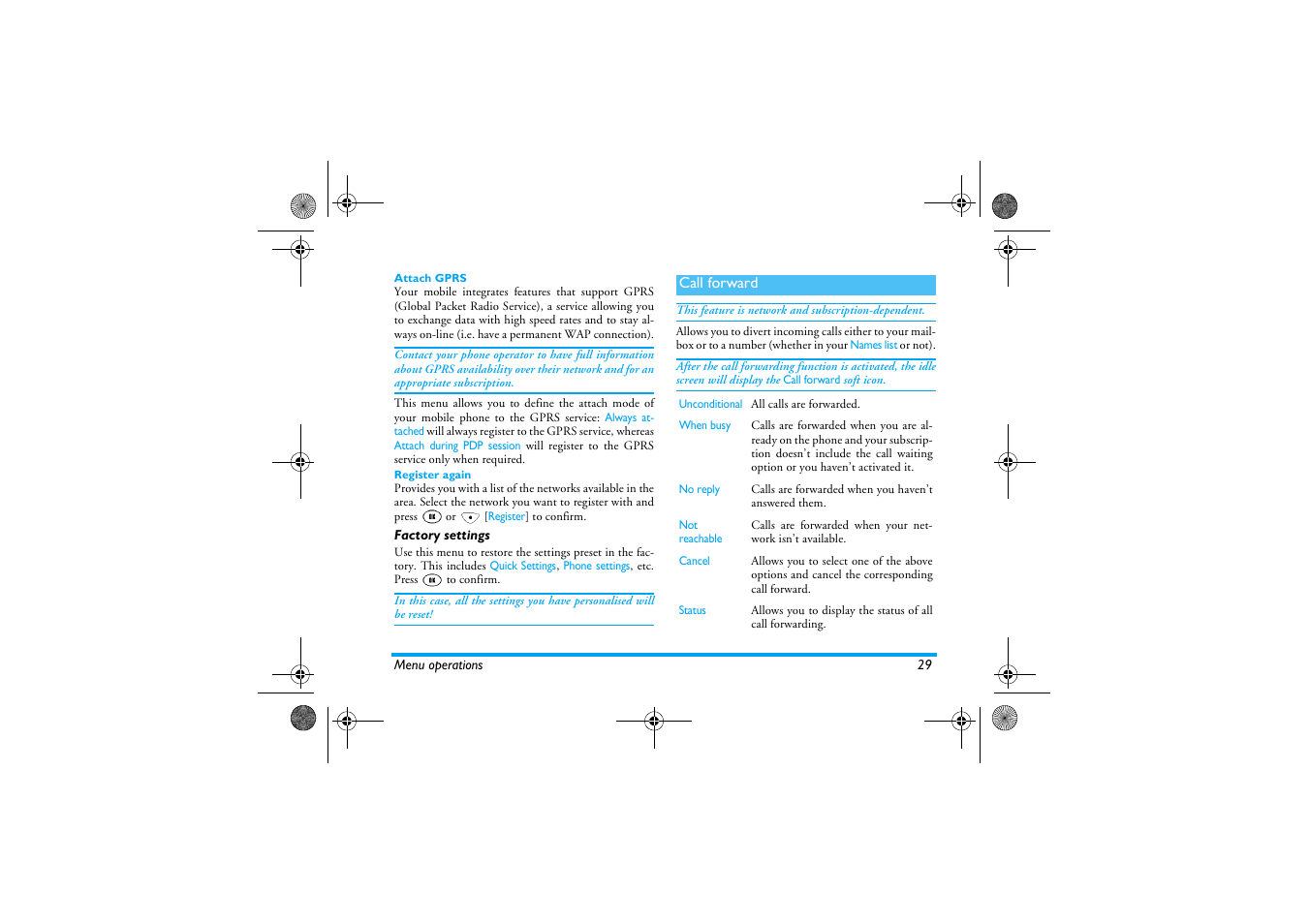 Factory settings, Call forward | Philips 630 User Manual | Page 30 / 45