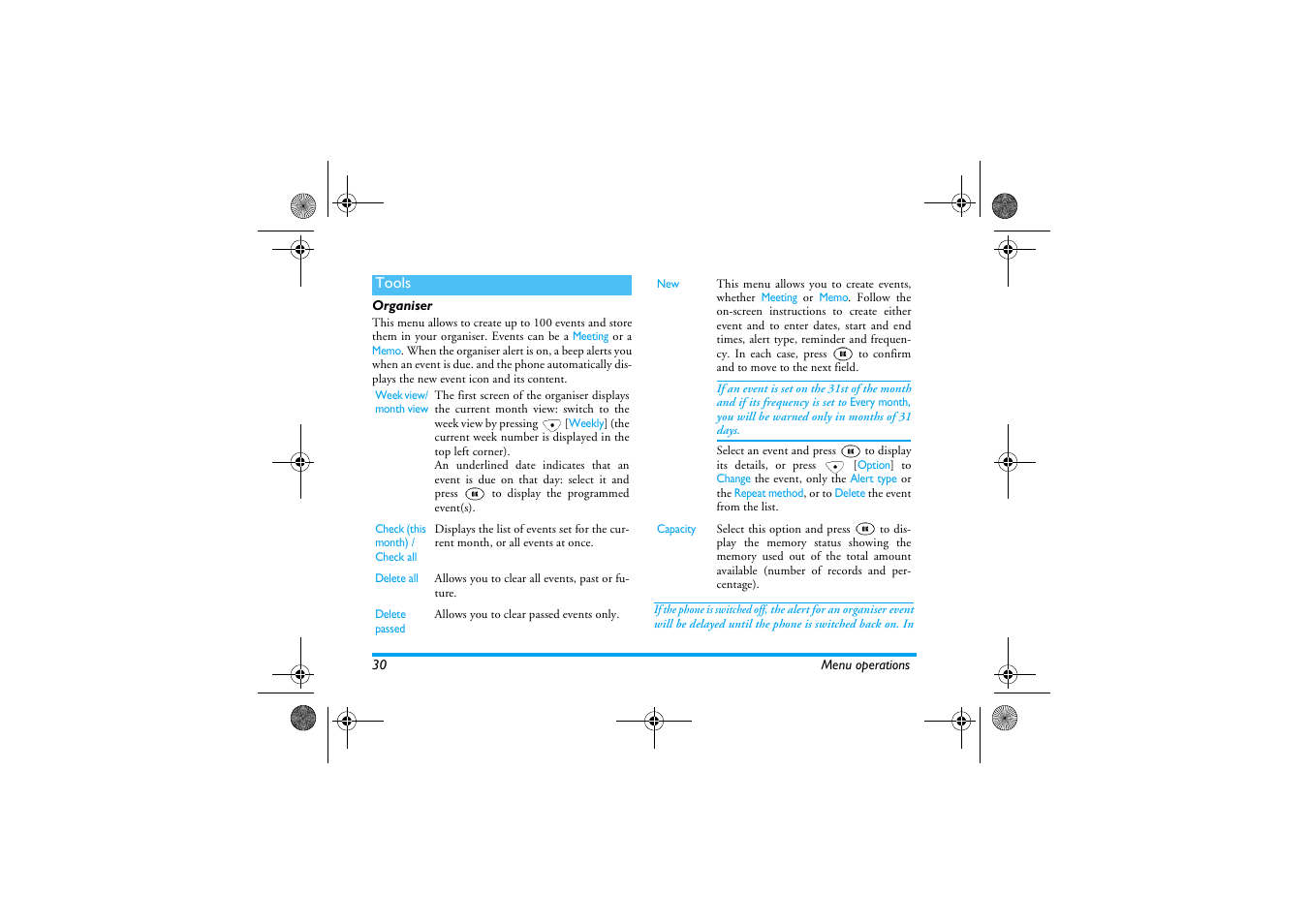 Tools, Organiser | Philips 630 User Manual | Page 31 / 45