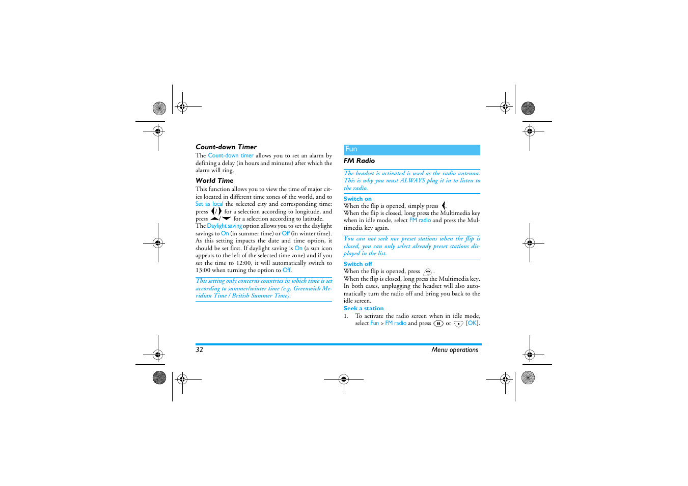 Count-down timer, World time, Fm radio | Count-down timer world time | Philips 630 User Manual | Page 33 / 45