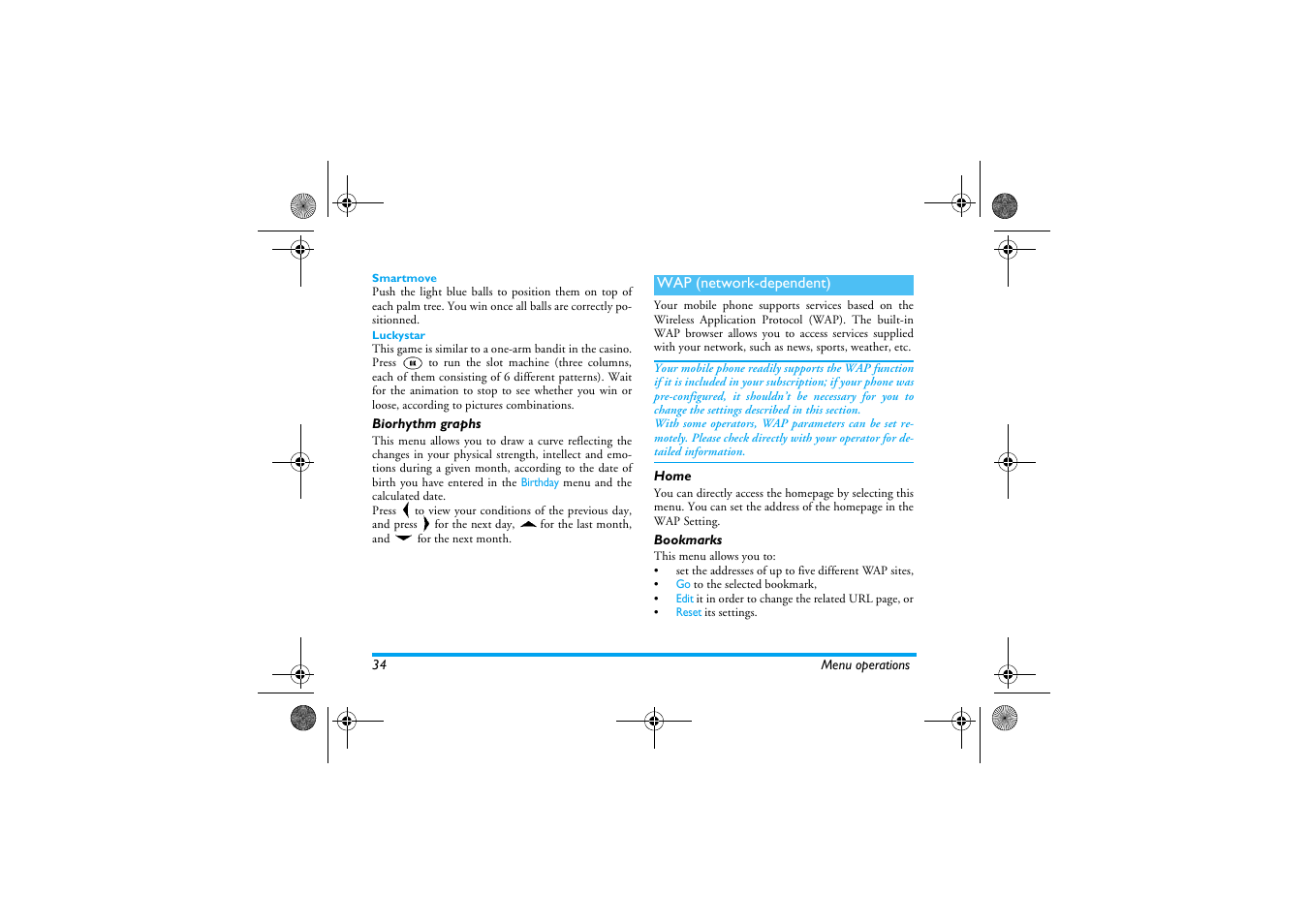 Biorhythm graphs, Wap (network-dependent), Home | Bookmarks, Home bookmarks | Philips 630 User Manual | Page 35 / 45