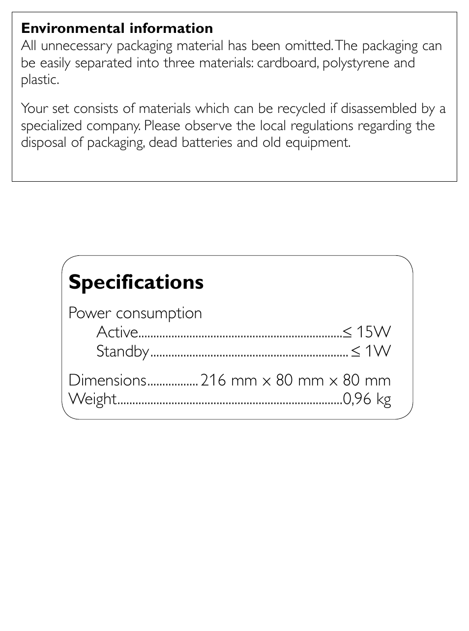 Specifications | Philips DC200/93 User Manual | Page 15 / 16