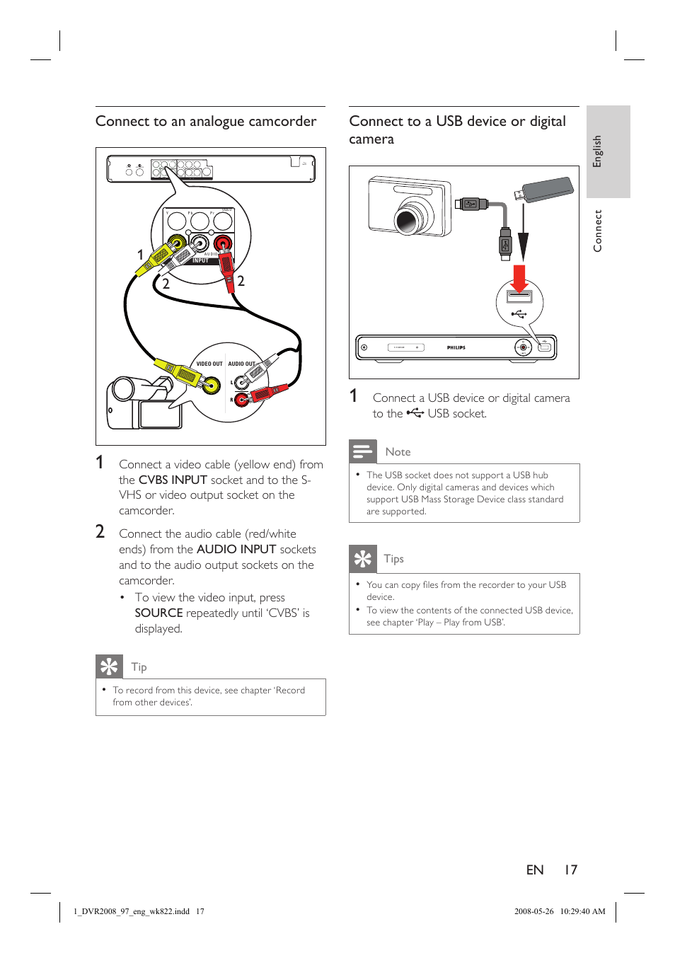 Connect to an analogue camcorder, Connect to a usb device or digital camera, En 17 | Philips DVR2008 User Manual | Page 17 / 58