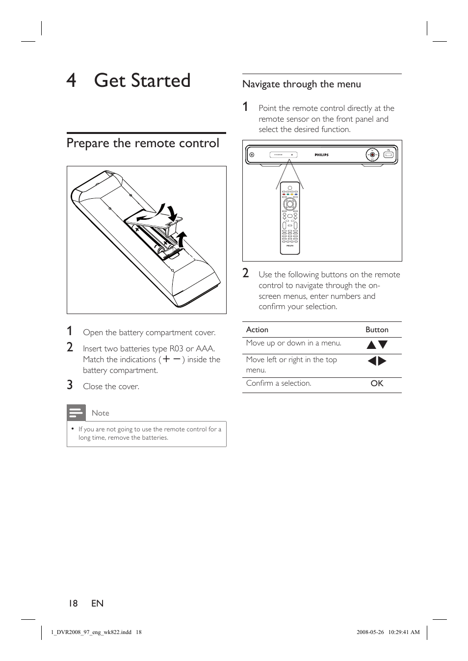 4 get started, Prepare the remote control 1 | Philips DVR2008 User Manual | Page 18 / 58