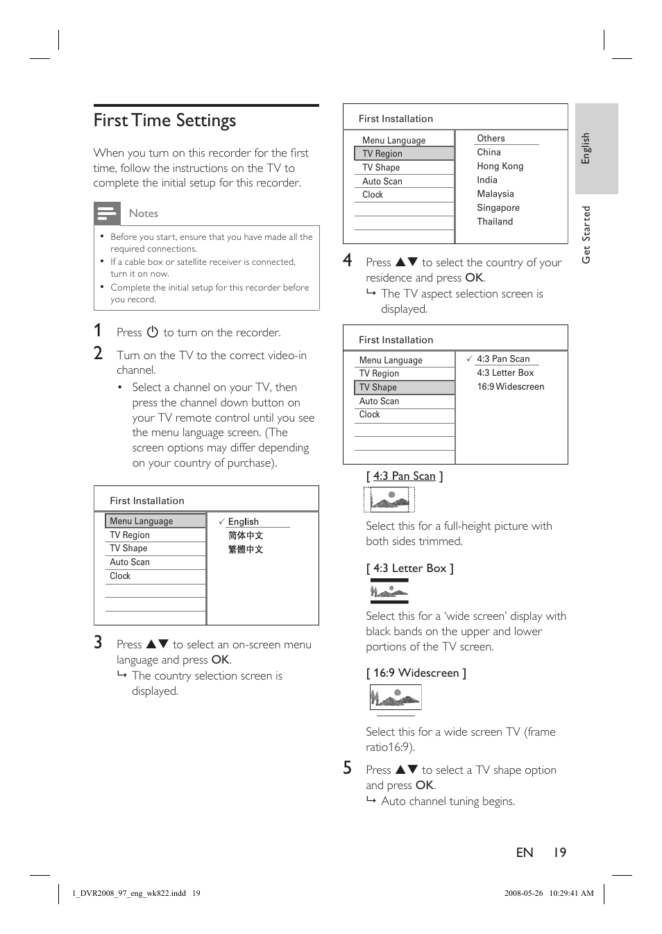 First time settings | Philips DVR2008 User Manual | Page 19 / 58