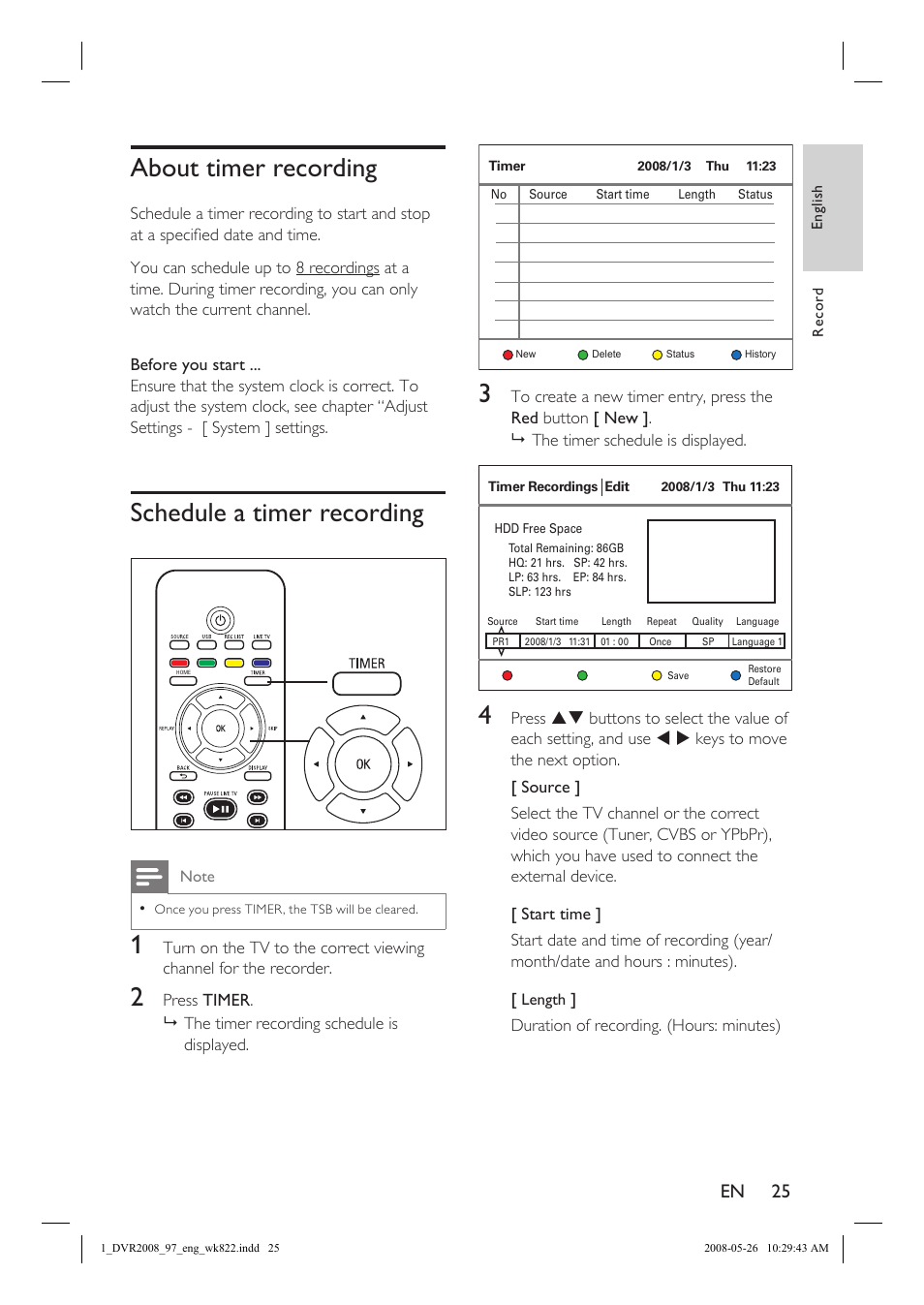 About timer recording, Schedule a timer recording | Philips DVR2008 User Manual | Page 25 / 58