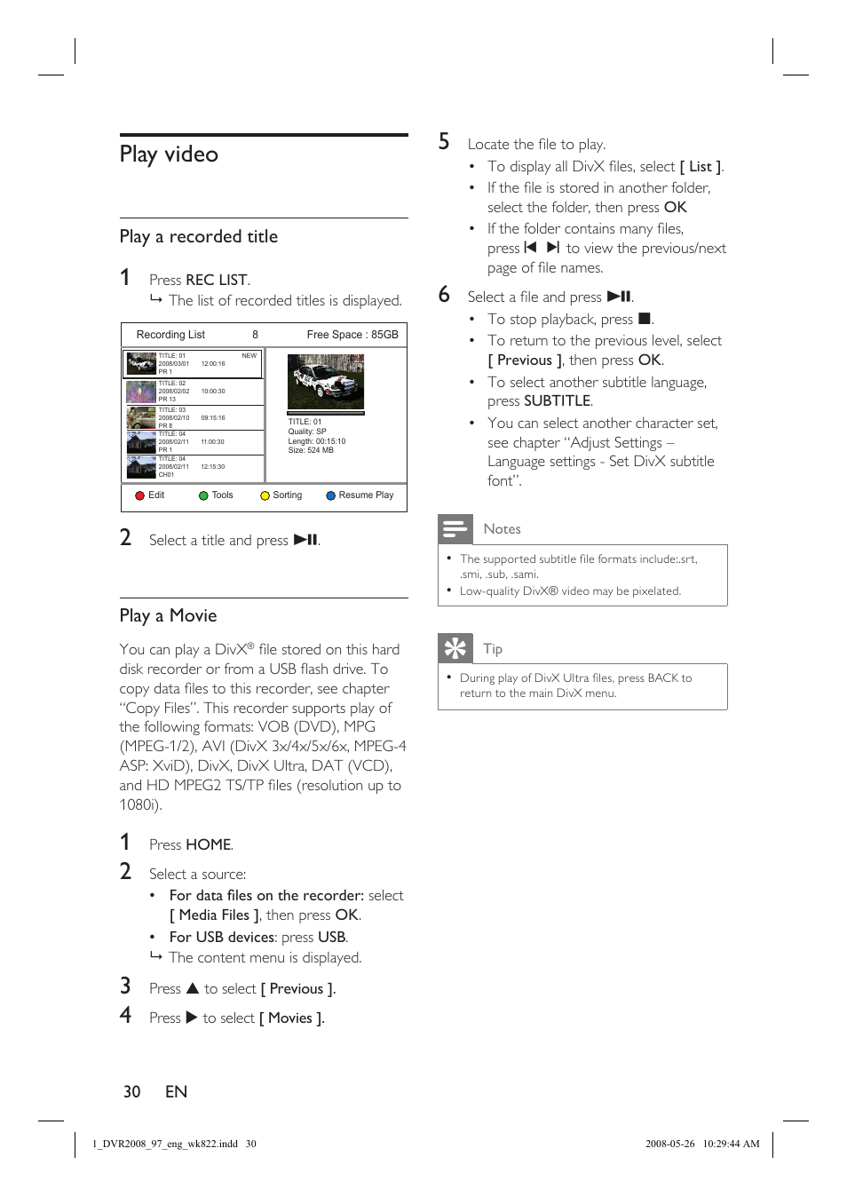 Play video, Play a recorded title, Play a movie | Philips DVR2008 User Manual | Page 30 / 58