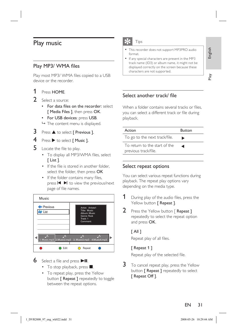 Play music, Play mp3/ wma fi les, Select another track/ fi le | Select repeat options | Philips DVR2008 User Manual | Page 31 / 58