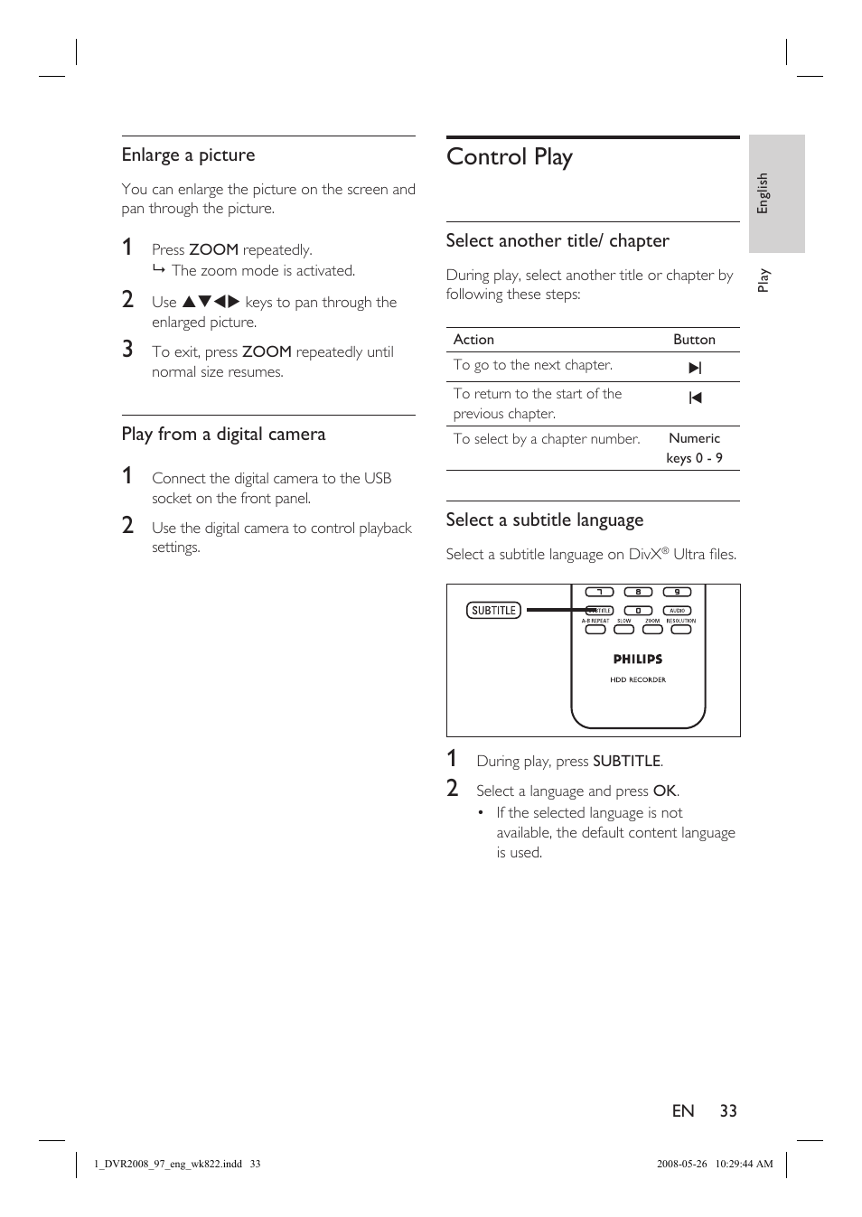 Control play | Philips DVR2008 User Manual | Page 33 / 58