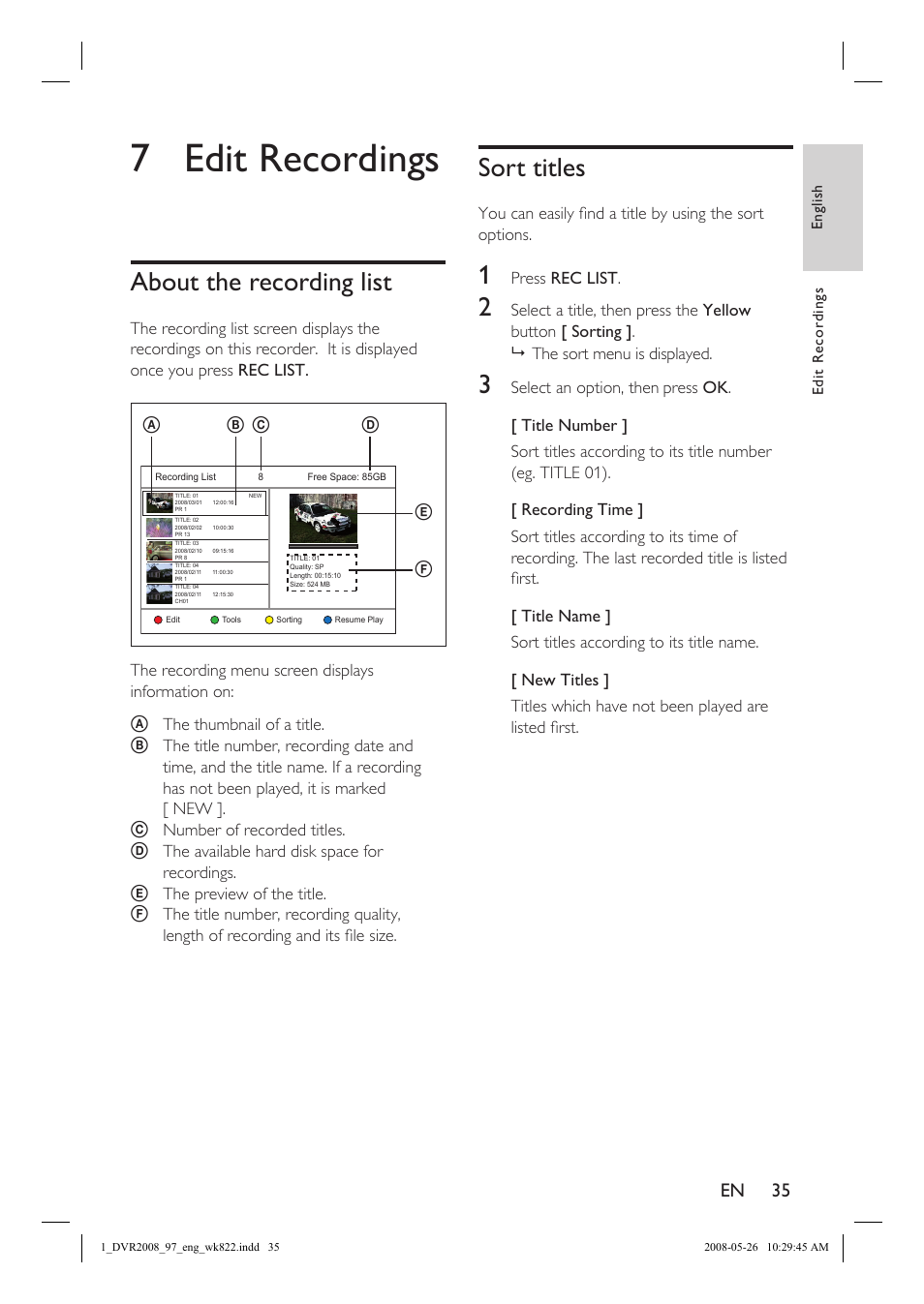 7 edit recordings, About the recording list, Sort titles | Philips DVR2008 User Manual | Page 35 / 58