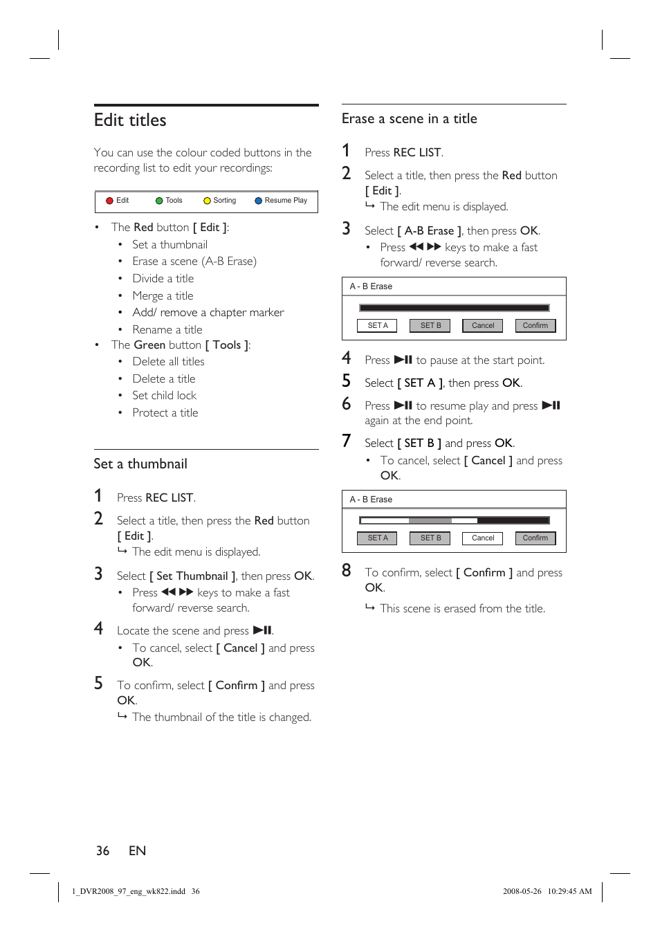 Edit titles, Set a thumbnail, Erase a scene in a title | Philips DVR2008 User Manual | Page 36 / 58