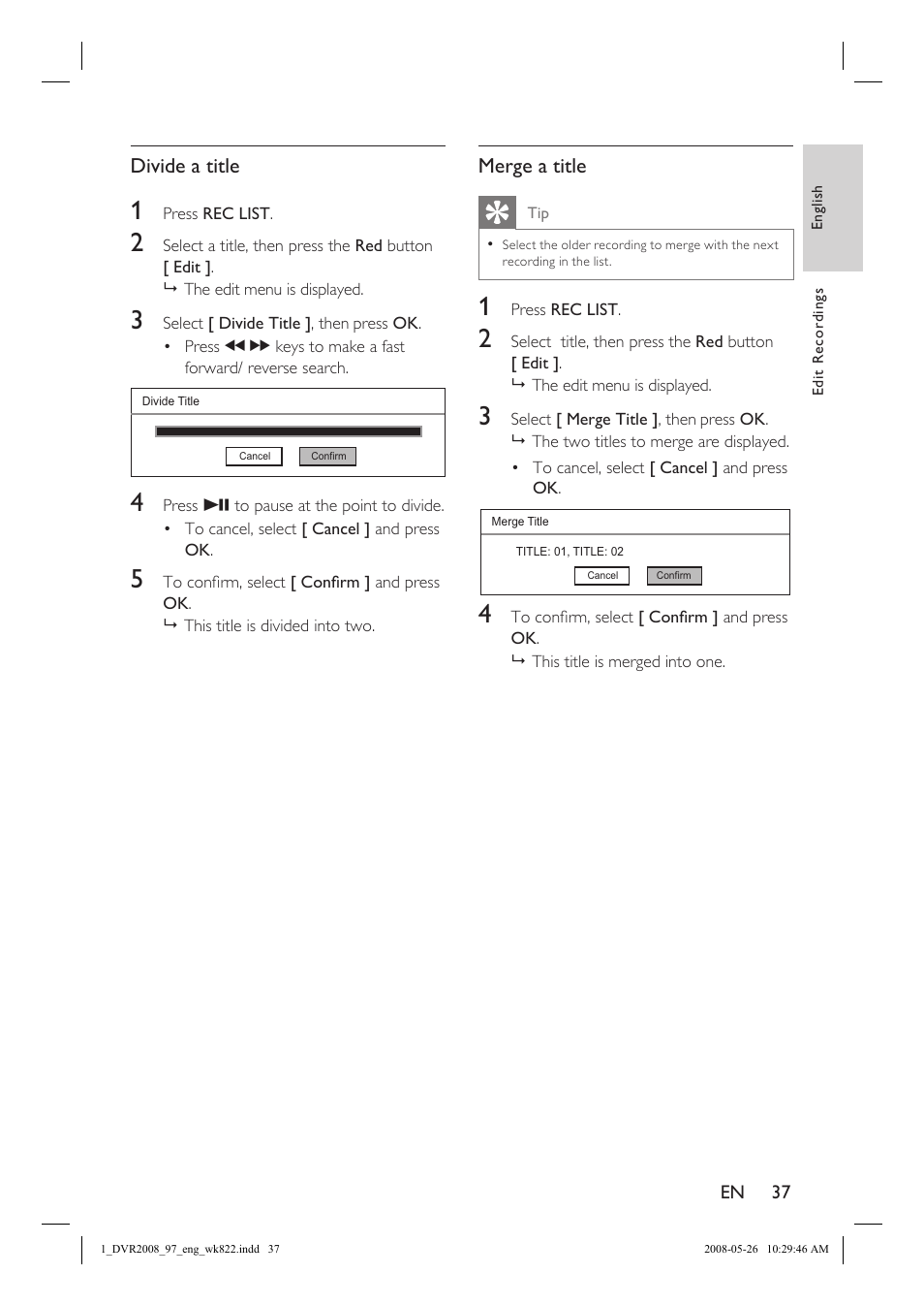 Divide a title, Merge a title | Philips DVR2008 User Manual | Page 37 / 58