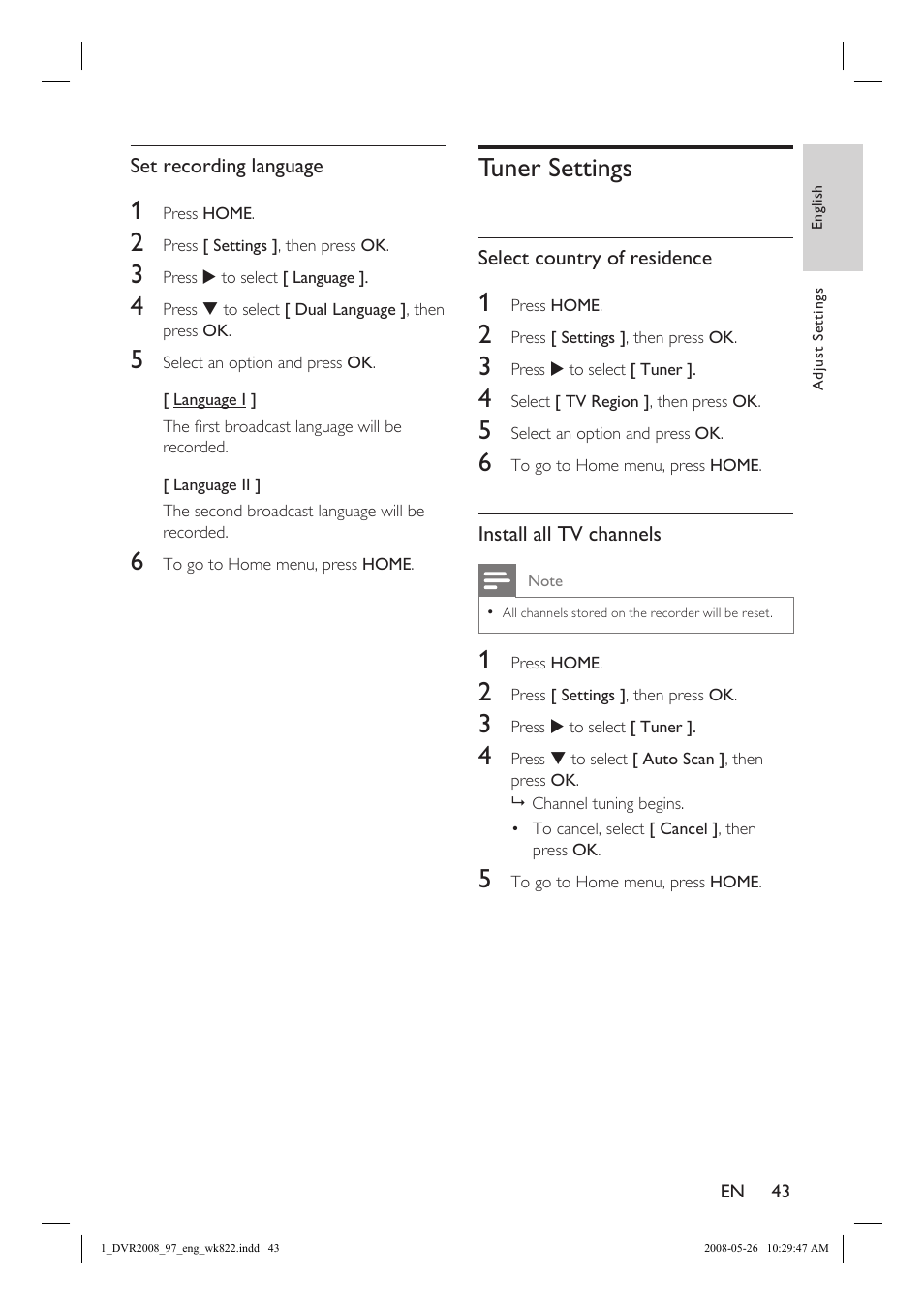 Tuner settings | Philips DVR2008 User Manual | Page 43 / 58