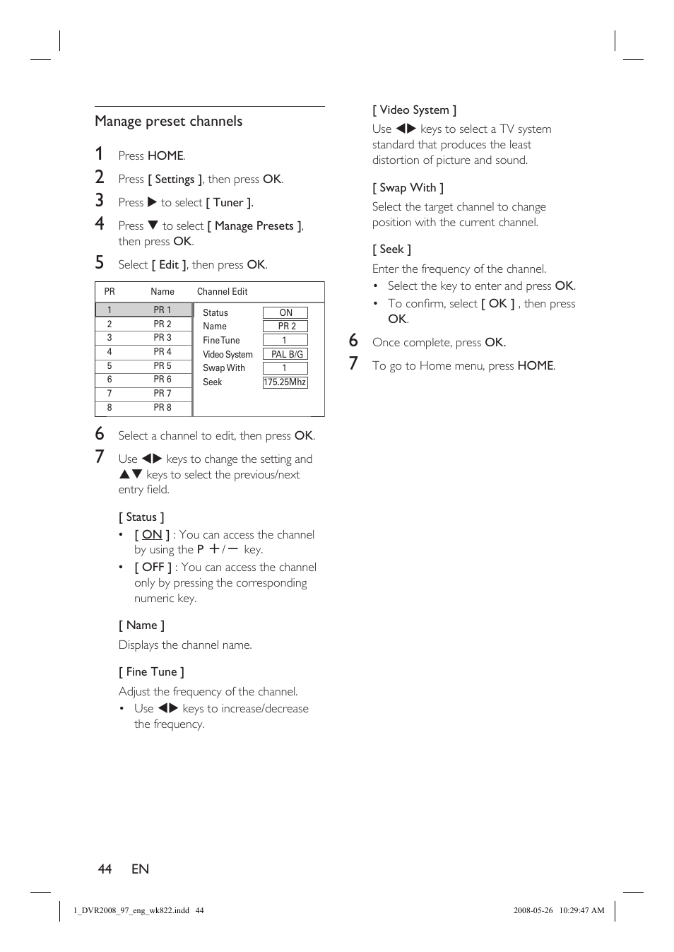 Manage preset channels | Philips DVR2008 User Manual | Page 44 / 58