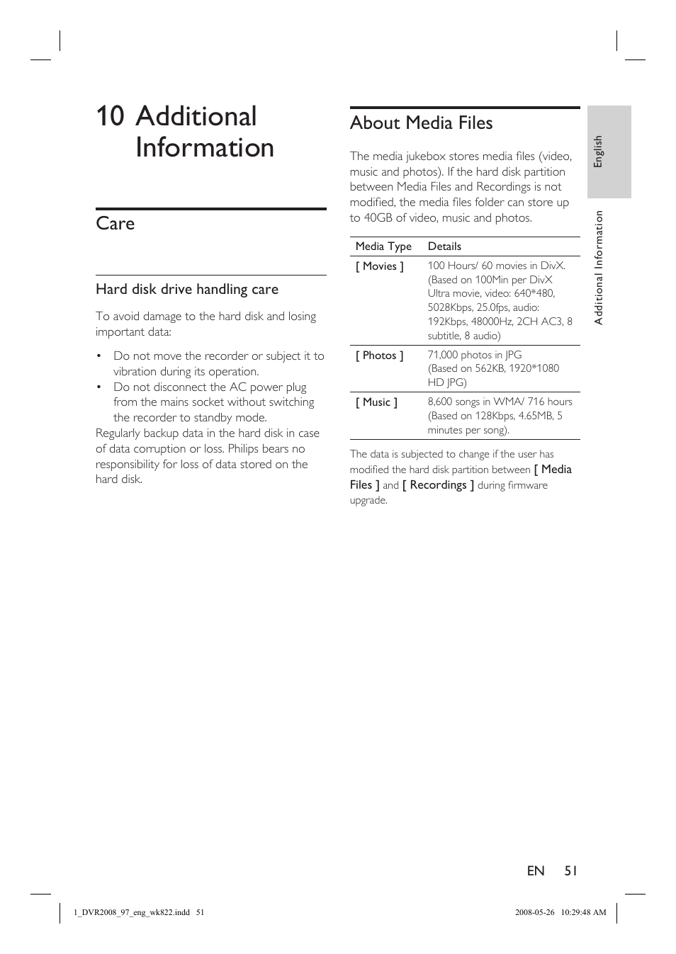 10 additional information, Care, About media files | Philips DVR2008 User Manual | Page 51 / 58