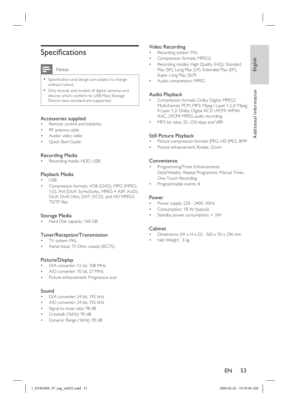 Specifi cations, En 53 | Philips DVR2008 User Manual | Page 53 / 58