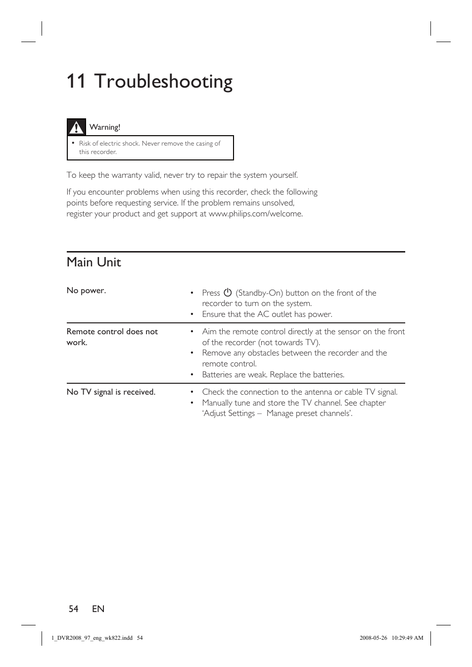 11 troubleshooting, Main unit | Philips DVR2008 User Manual | Page 54 / 58