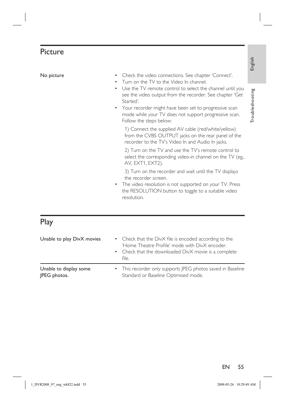 Picture, Play | Philips DVR2008 User Manual | Page 55 / 58