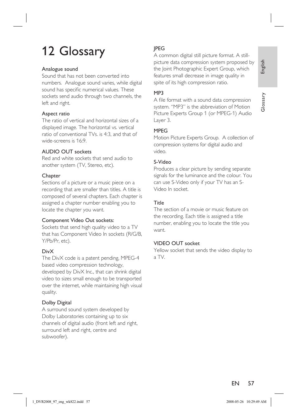 12 glossary | Philips DVR2008 User Manual | Page 57 / 58