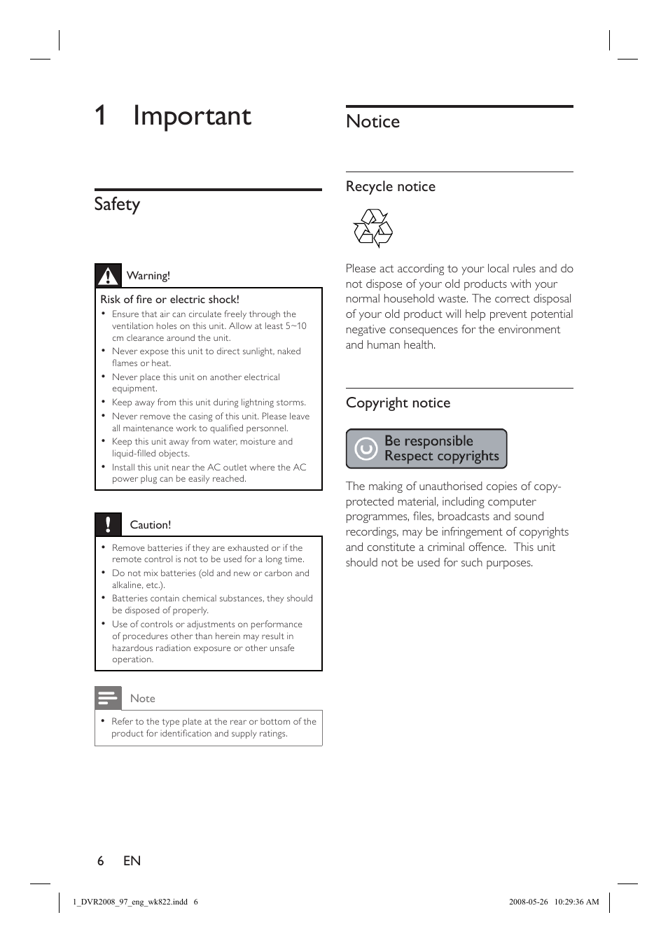 1 important, Safety, Notice | Recycle notice, Copyright notice | Philips DVR2008 User Manual | Page 6 / 58