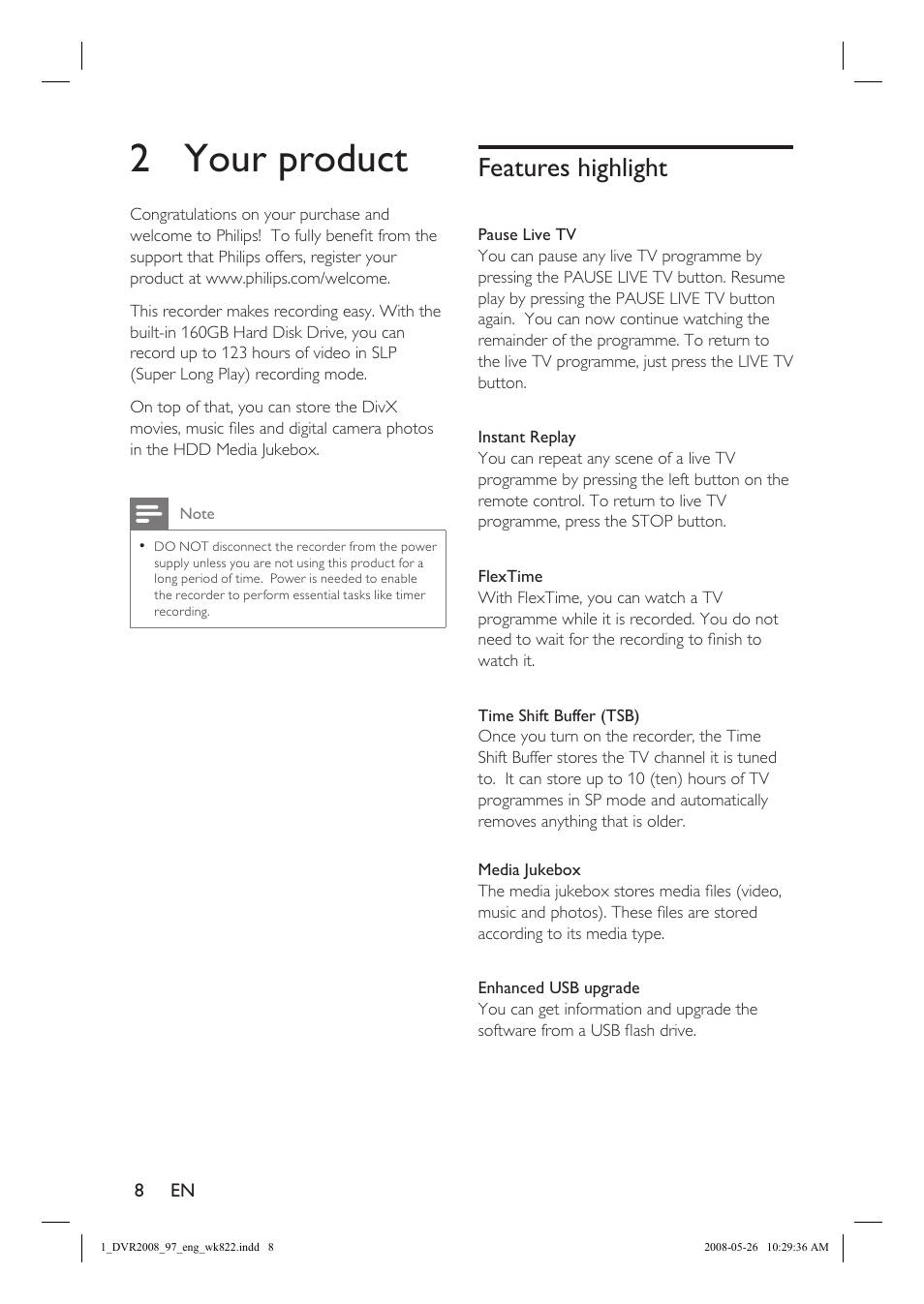 2 your product, Features highlight | Philips DVR2008 User Manual | Page 8 / 58