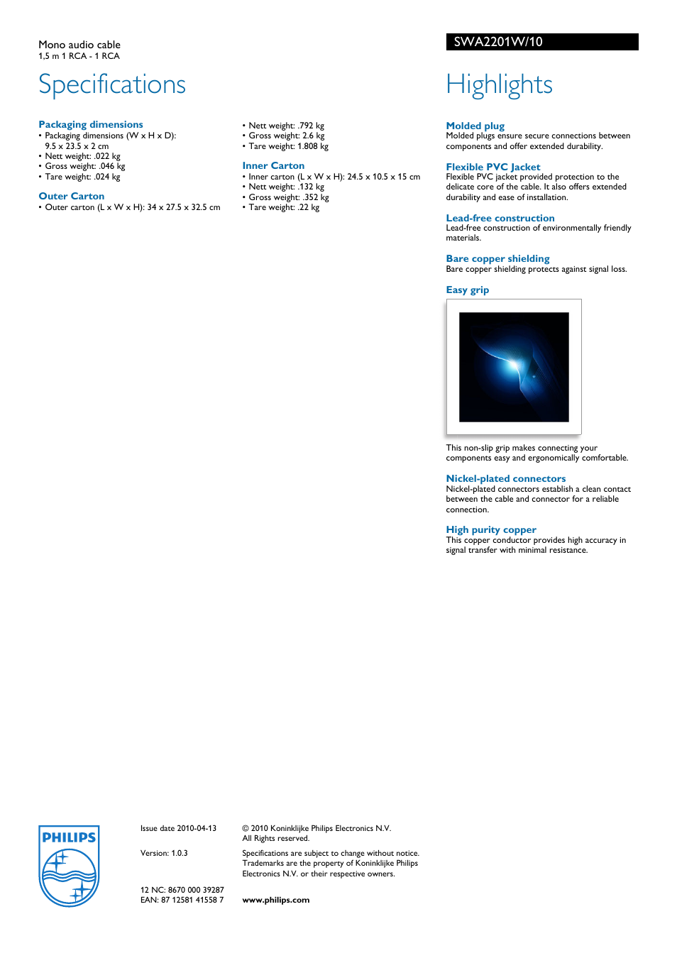 Specifications, Highlights | Philips SWA2201W User Manual | Page 2 / 2