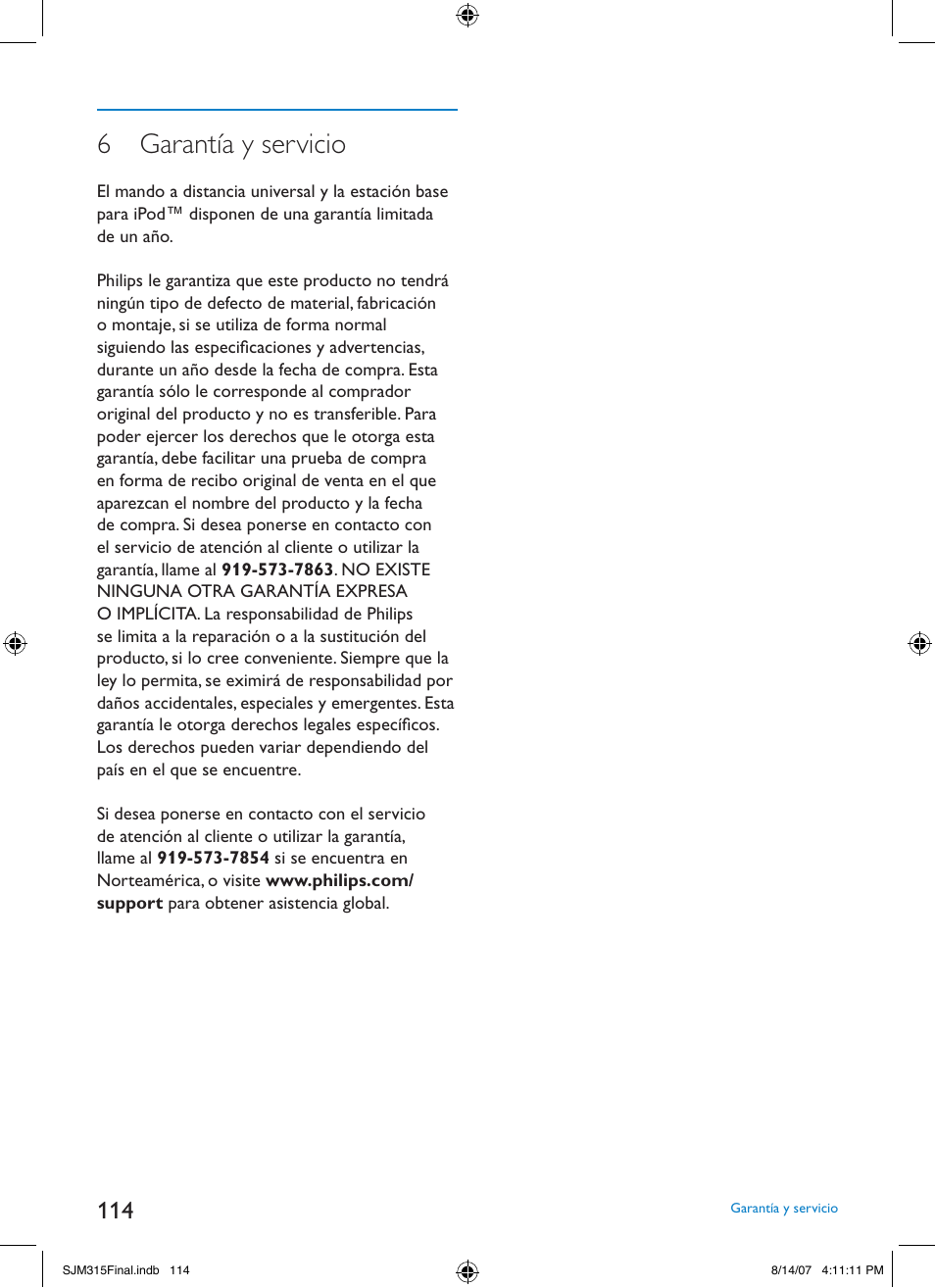 6 garantía y servicio | Philips SJM3151 User Manual | Page 114 / 325