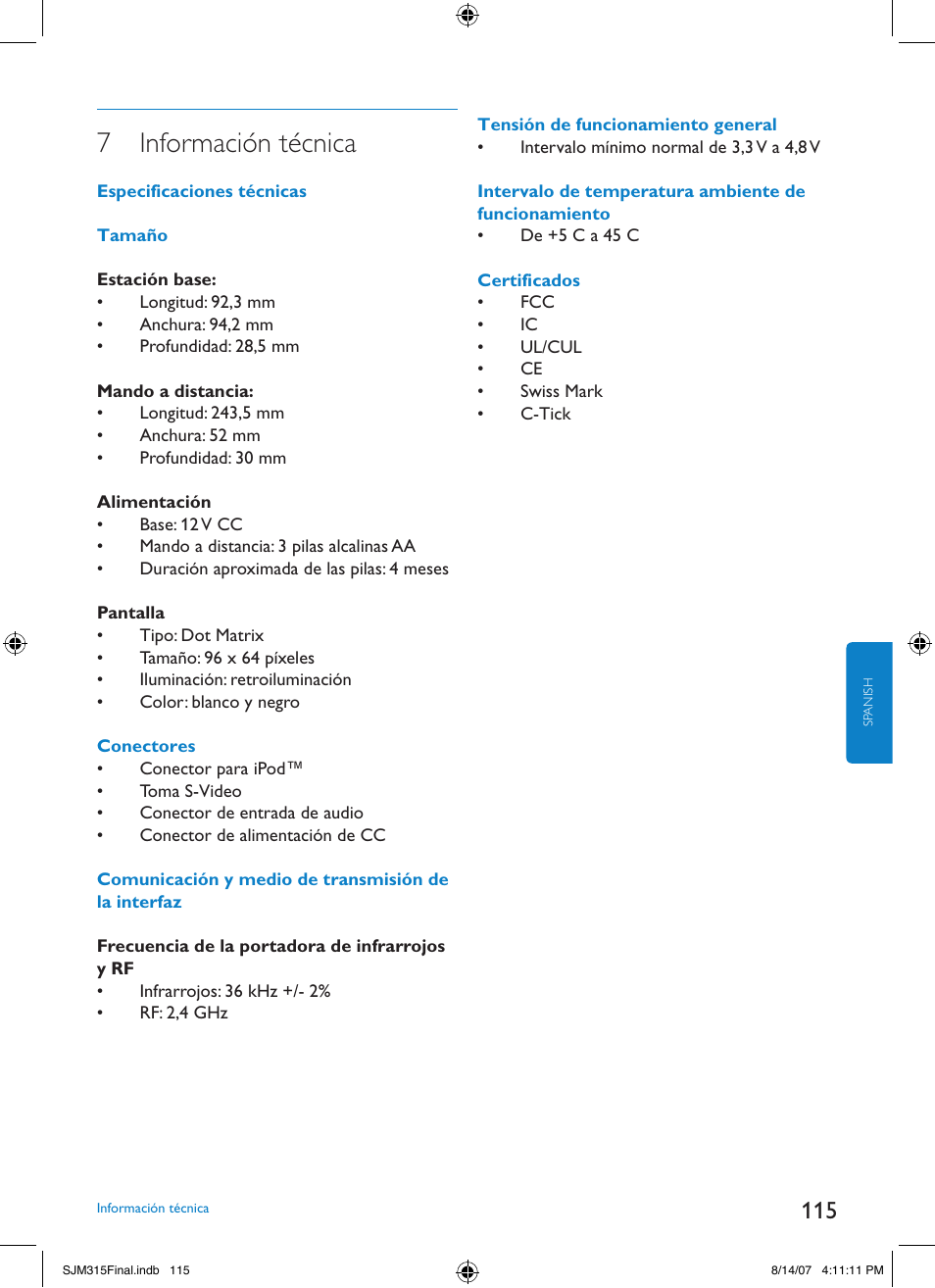 7 información técnica | Philips SJM3151 User Manual | Page 115 / 325