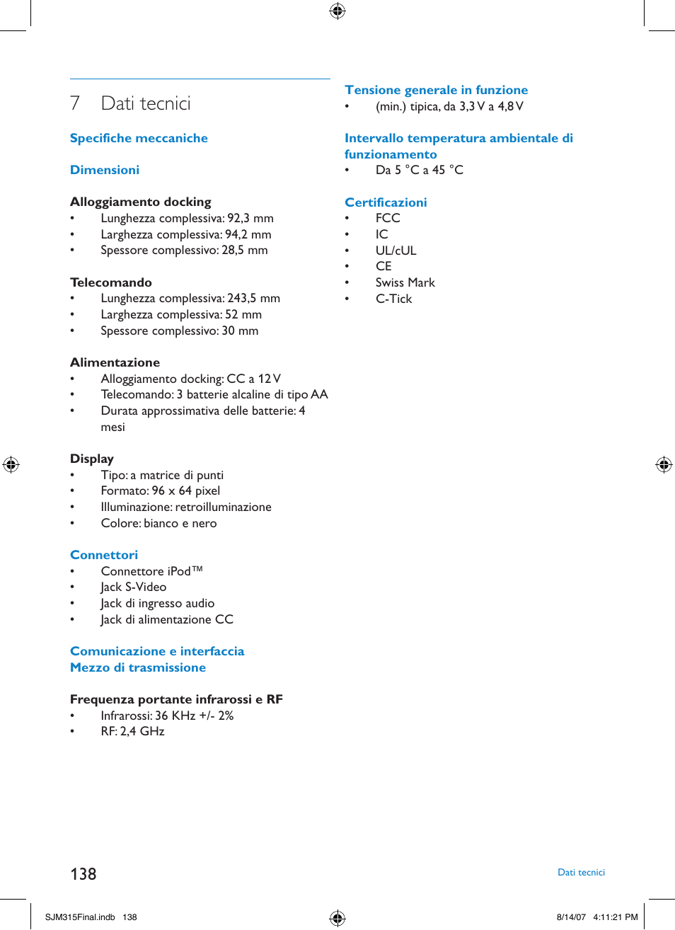 7 dati tecnici | Philips SJM3151 User Manual | Page 138 / 325