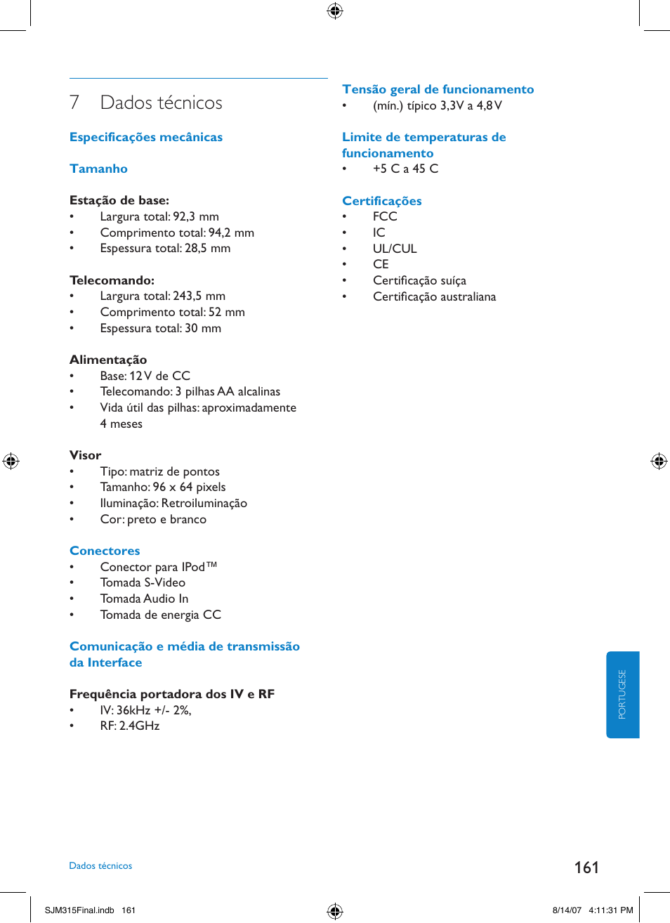 7 dados técnicos | Philips SJM3151 User Manual | Page 161 / 325