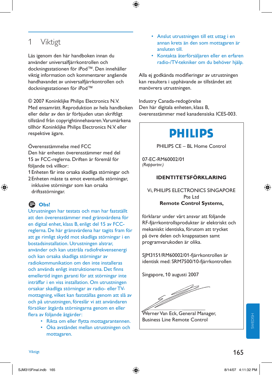 1 viktigt | Philips SJM3151 User Manual | Page 165 / 325