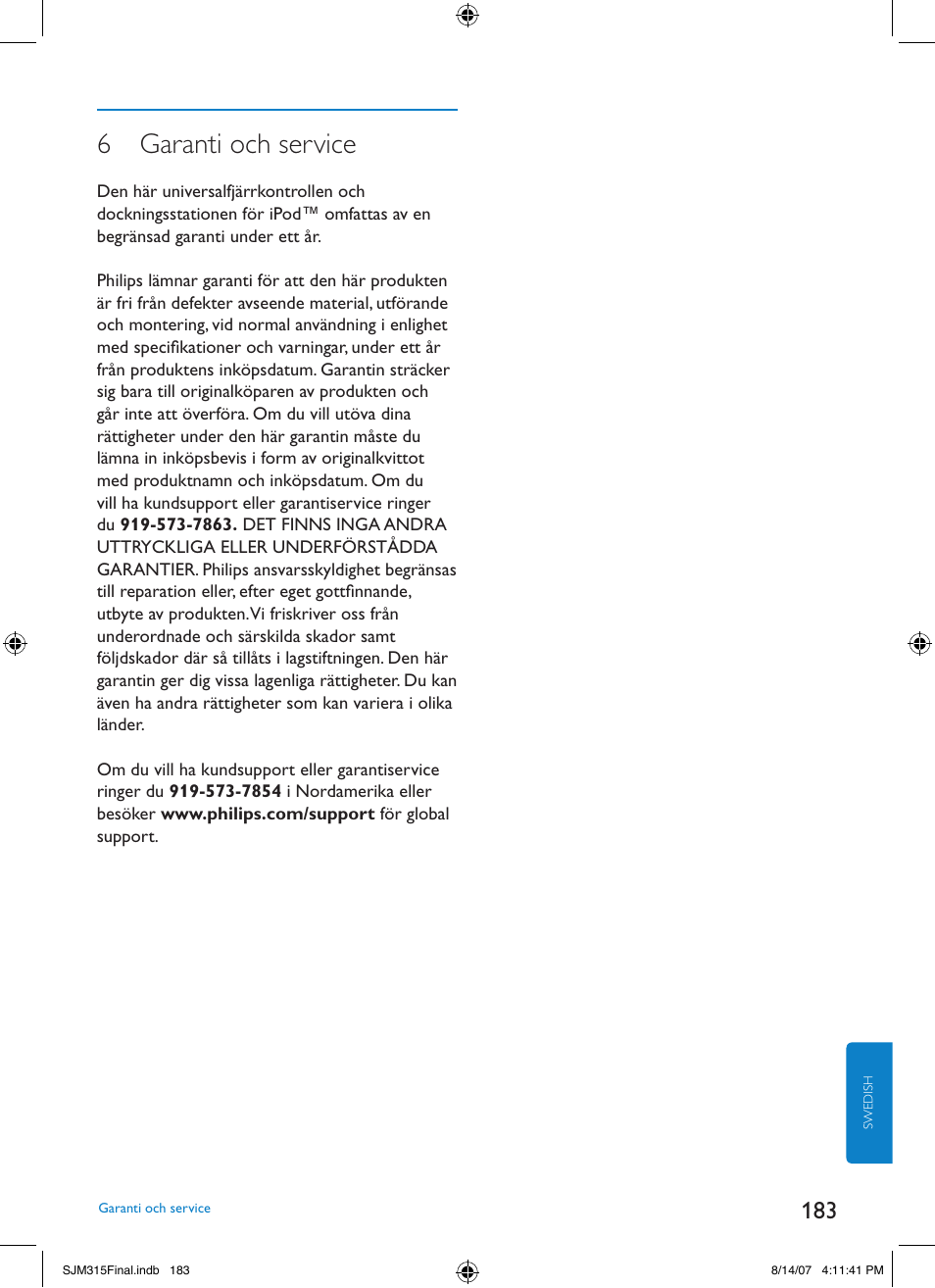 6 garanti och service | Philips SJM3151 User Manual | Page 183 / 325