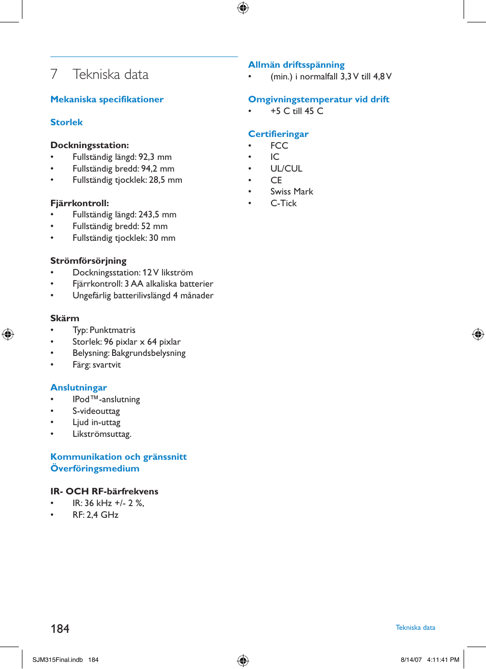 7 tekniska data | Philips SJM3151 User Manual | Page 184 / 325