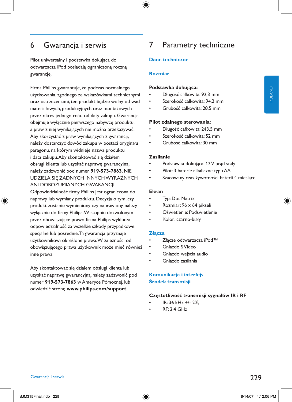 6 gwarancja i serwis, 7 parametrytechniczne | Philips SJM3151 User Manual | Page 229 / 325