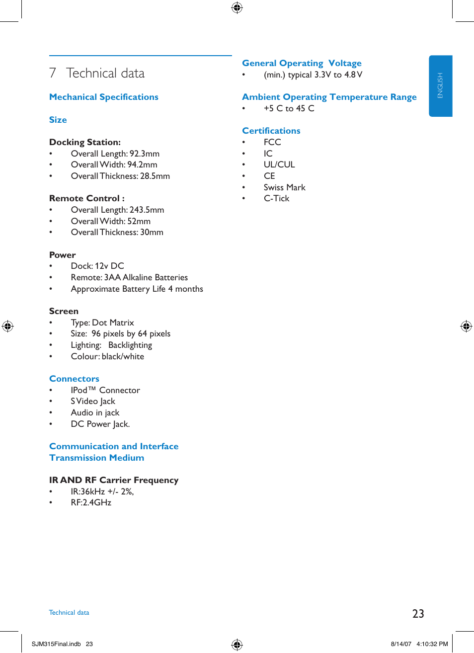 7 technical data | Philips SJM3151 User Manual | Page 23 / 325