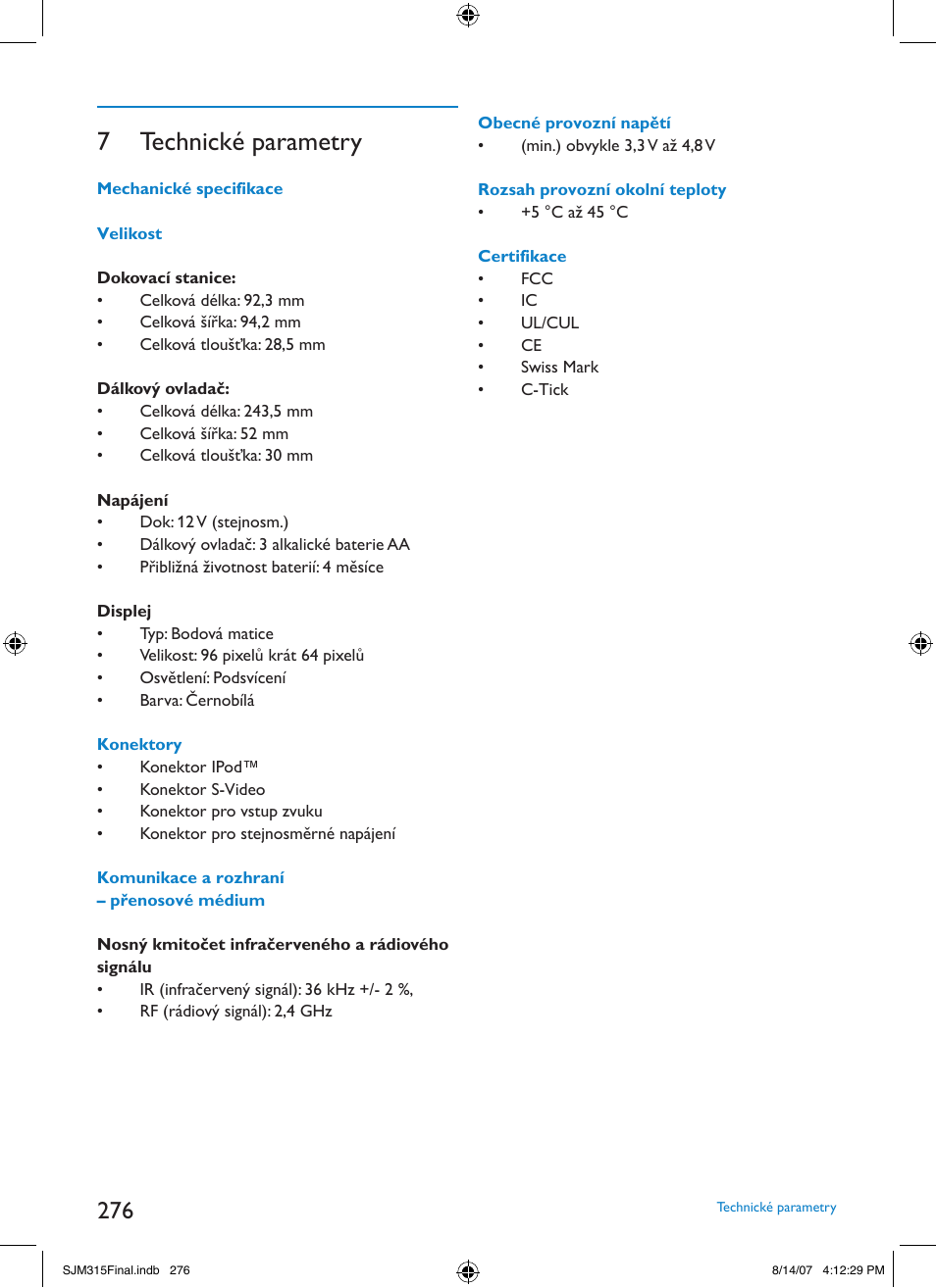 7 technické parametry | Philips SJM3151 User Manual | Page 276 / 325